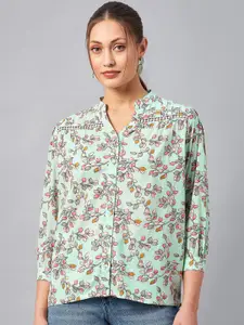 Azira Floral Printed Mandarin Collar Cotton Shirt Style Top