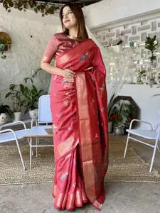 Mitera Pink & Gold-Toned Floral Embroidered Zari Silk Cotton Banarasi Saree