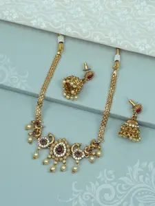 Diksha collection Gold-Plated Stone-Studded & Beaded Necklace & Earring Set