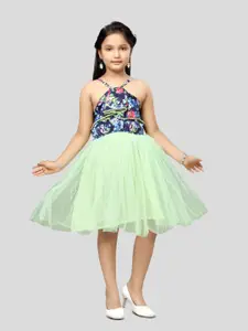 BAESD Girls Floral Printed Shoulder Straps Net Fit & Flare Dress