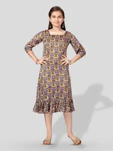 BAESD Girls Square Neck Floral Print A-Line Midi Dress