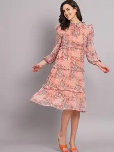 The Dry State Floral Print Tie-Up Neck Puff Sleeve Georgette Tiered Dress