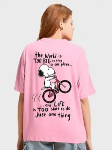 Bewakoof Pink Typography Printed Drop-Shoulder Sleeves Oversized Cotton T-Shirt