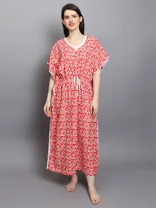 Noty Floral Printed V-Neck Pure Cotton Kaftan Nightdress