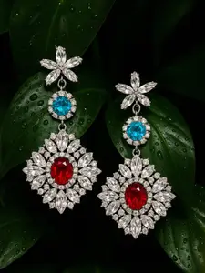 Rubans Voguish Silver-Plated Crystal Studded Geometric Drop Earrings