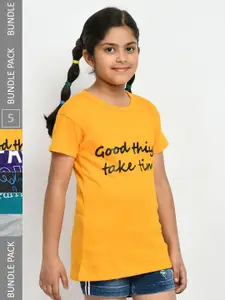IndiWeaves Girls Pack Of 3 Typography Printed Pure Cotton T-shirts