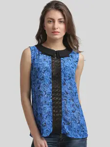 Moda Elementi Floral Printed Peter Pan Collar Lace Inserts Top