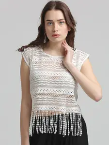 Moda Elementi Self Design Semi Sheer Fringed Cotton Lace Top