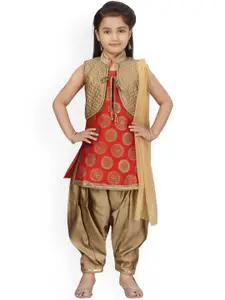 BAESD Girls Ethnic Motifs Printed Pure Silk Kurti with Patiala, Dupatta & Jacket