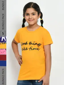 IndiWeaves Girls Pack Of 5 Typography Printed Pure Cotton T-Shirt