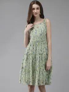 BAESD Floral Printed Shoulder Straps Gathered Georgette Fit & Flare Knee Length Dress