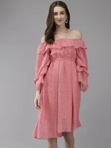 BAESD Floral Printed Off-Shoulder Georgette A-Line Dress