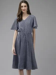 BAESD Checked V-Neck Flared Sleeve A-Line Dress