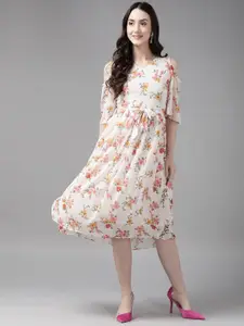 BAESD Floral Printed Cold-Shoulder Georgette Fit & Flare Midi Dress