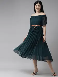 BAESD Off-Shoulder Puff Sleeves Georgette A-Line Midi Dress