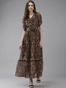 BAESD V-Neck Ethnic Motifs Print Georgette Maxi Dress