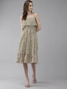 BAESD Floral Printed Shoulder Straps Georgette Fit & Flare Midi Dress