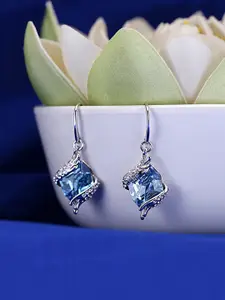 Yellow Chimes Crystals from Swarovski Collection Blue & Silver-Toned Rhodium-Plated Drop Earrings