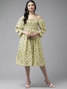 BAESD Floral Print Off-Shoulder Puff Sleeve Georgette Fit & Flare Midi Dress