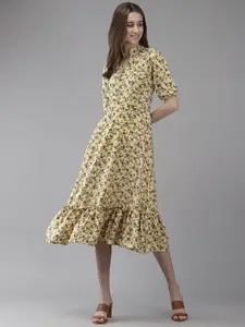 BAESD Floral Print Puff Sleeve Net A-Line Midi Dress