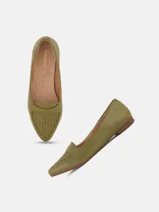 DressBerry Women Green Textured Pointed Toe Ballerinas With Laser Cuts