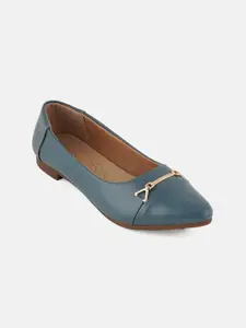 DressBerry Women Teal Blue & Gold Toned Embellished Pointed Toe Ballerinas