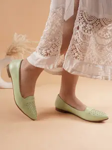 DressBerry Women Sea Green Pointed Toe Textured Ballerinas With Laser Cuts