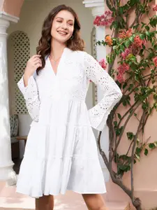 Athena White Schiffli Tiered A-Line Cotton Dress