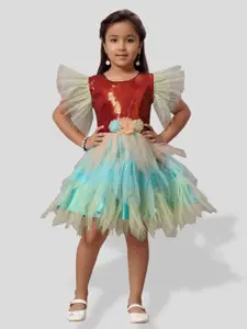 BAESD Girls Sequinned Flutter Sleeve Net Fit & Flare Dress