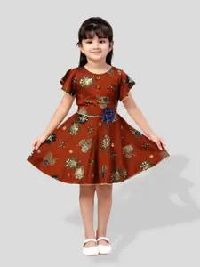 BAESD Girls Floral Printed Flared Sleeve Applique Detailed Fit & Flare Dress