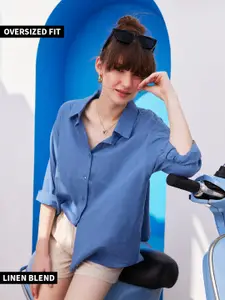 The Souled Store Blue Spread Collar Drop Shoulder Sleeves Cotton Linen Boxy Casual Shirt