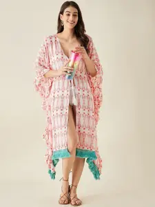 The Kaftan Company White & Peach Floral Printed Swimwear Cover Up Top