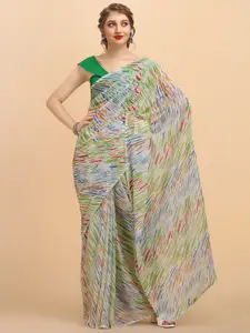 Sangria White and Green Abstract Printed Saree