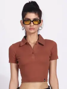 Bonkers Corner Brown Ribbed Shirt Collar Fitted Crop Cotton Top