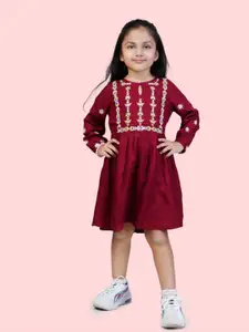 Bella Moda Girls Embroidered Cuff Sleeves Fit & Flare Cotton Dress