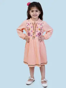 Bella Moda Girls Floral Embroidered Pure Cotton Tie-Up Neck A-Line Dress