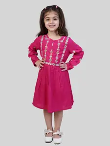 Bella Moda Girls Floral Embroidered Pure Cotton Cuffed Sleeves A-Line Dress
