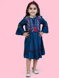 Bella Moda Girls Ethnic Motifs Embroidered Bell Sleeves Pure Cotton A-Line Midi Dress