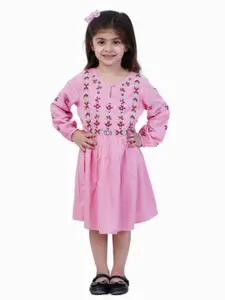 Bella Moda Girls Floral Embroidered Puff Sleeve Fit & Flare Pure Cotton Dress