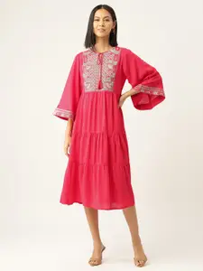 MISRI Embroidered Tie-Up Neck Flared Sleeves Tiered A-Line Dress