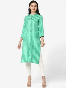 Saanjh Green & White Striped Mandarin Collar Cotton Kurta