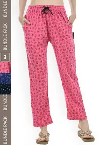 IndiWeaves Women Pack Of 3 Pure Cotton Printed Straight Lounge Pants