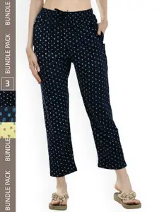 IndiWeaves Women Pack Of 3 Pure Cotton Printed Straight Lounge Pants