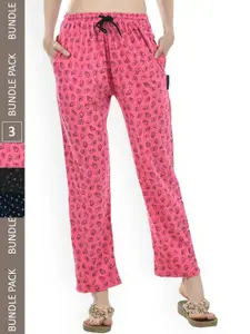 IndiWeaves Women Pack Of 3 Printed Mid-Rise Pure Cotton Lounge Pants