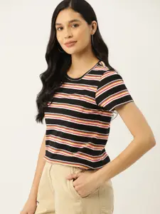 DressBerry Women Black & Pink Striped Pockets T-shirt