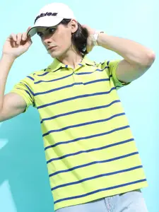 HIGHLANDER Lime Green Striped Polo Collar Slim Fit T-shirt