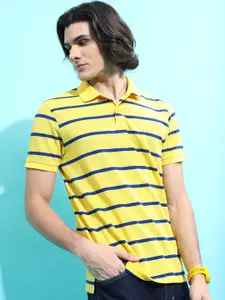 HIGHLANDER Yellow & Blue Striped Polo Collar Slim Fit T-shirt