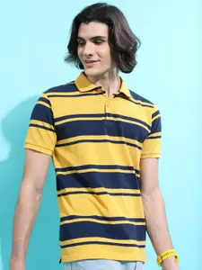 HIGHLANDER Yellow Striped Polo Collar Slim Fit T-shirt