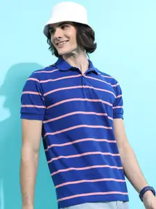 HIGHLANDER Blue Striped Polo Collar Slim Fit T-shirt