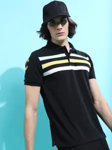 HIGHLANDER Black Striped Polo Collar Slim Fit Casual T-Shirt